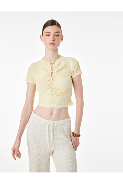 Koton Bürümcük Fabric Textured Slim Fit Short Sleeve Draped Blouse with Windo...