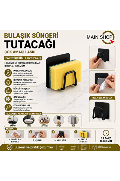MAİN SHOP 1 Adet Siyah 3 M Yapışkanlı Paslanmaz Bulaşık Sünger Tutucu Askı Bu...