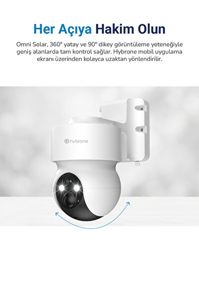 Hybrone Omni Solar Güneş Enerjili Dış Ortam WiFi, 360°, Gece Görüşü, İnsan Algılama, Siren, Güvenlik Kamerası