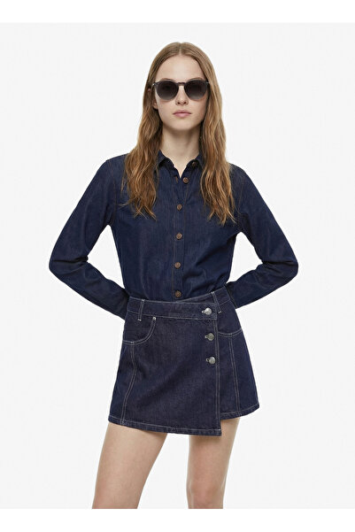 Mustang Lacivert Kadın Yıkamalı Denim Gömlek M6SL-GML1116