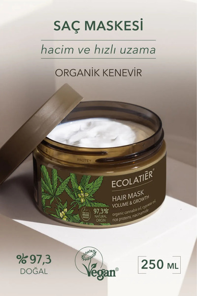 ECOLATIER Saç Bakım Maskesi Hacim Ve Hızlı Uzama Organik Kenevir Yağı, Nemlen...