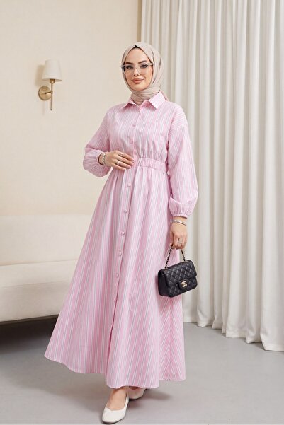 Modamorfo Striped Dress with Front Buttons and Elastic Waist - Pink