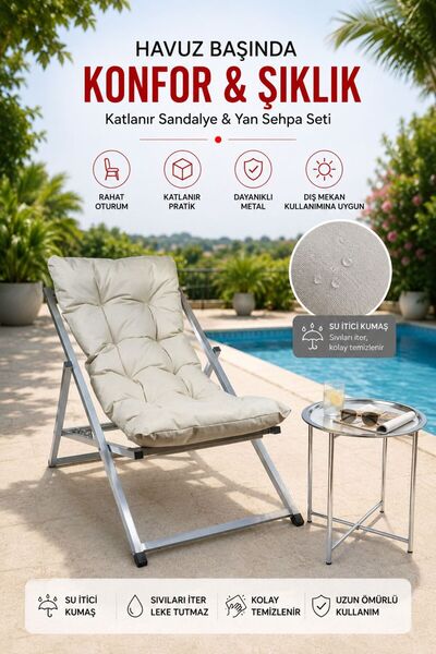 HASTUNÇ Minderli Katlanır Şezlong Seti Tekli + Sehpa | Bahçe Balkon Teras Kul...