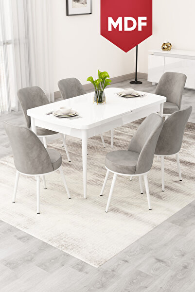 Canisa Rax Serisi Açılabilir 80x132 Beyaz Yemek Odası Takımı 6 Antrasit Babyf...