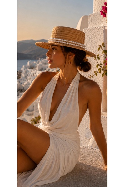DESS DESIGN RIO STRAW HAT -Kadın İnci Süslemeli Hasır Boater Şapka
