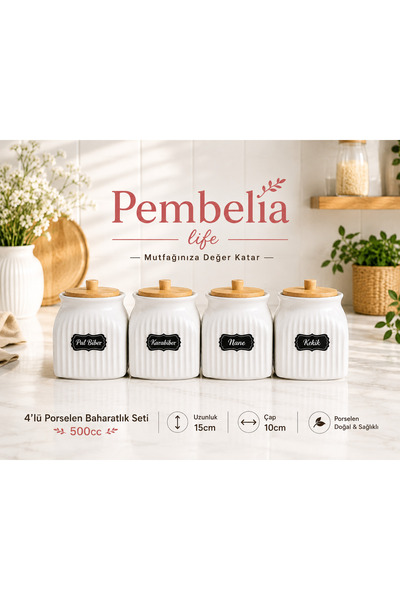 Pembelia Life 4’lü Bambu Kapaklı Porselen Şeker Tuz Kahve Saklama Kavanoz Seti