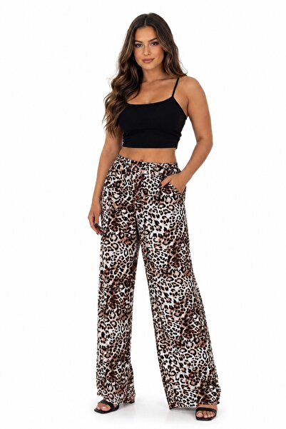 BAGLAN Pantaloni de damă imprimați cu picioare largi și șireturi BGL-ST04626