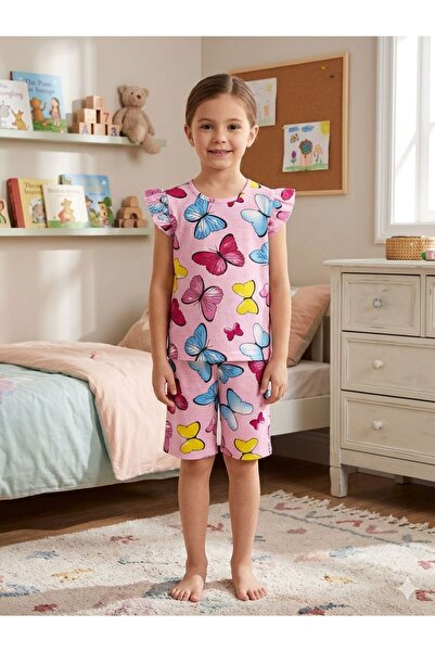 tusem butik homewear Κοριτσίστικο βαμβακερό ροζ μανίκια με βολάν κοντομάνικο ...