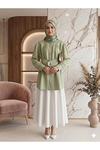 ÇALIŞKAN MODA Leaf Brooched Belted Loose Tencel Tunic [75 Cm, Wide Fit]