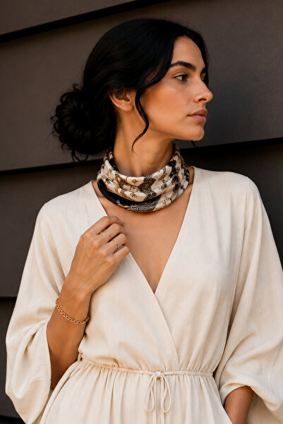 AFVENTE Geometric Chain Buckle Pattern Black-Beige Soft Bandana Scarf 50X50 cm