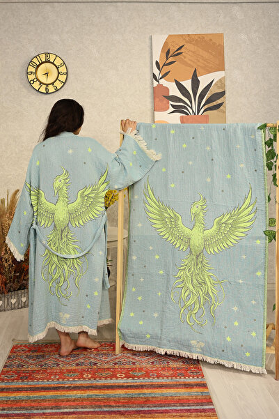 Befera Design Müslin Kimono %100 Pamuklu Anka Kuşu Desenli Jakarlı Bornoz Kaf...