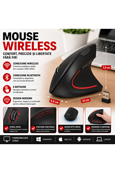 SMARTECH Mouse wireless vertical ergonomic (BT5.0/3.0 + 2.4G, 1200 DPI, 6 but...