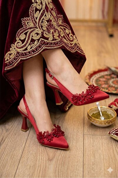 LİNEER Kadın Bordo Saten Rahat 7 Cm Kadeh Topuklu Çiçekli Taşlı Stiletto Geli...