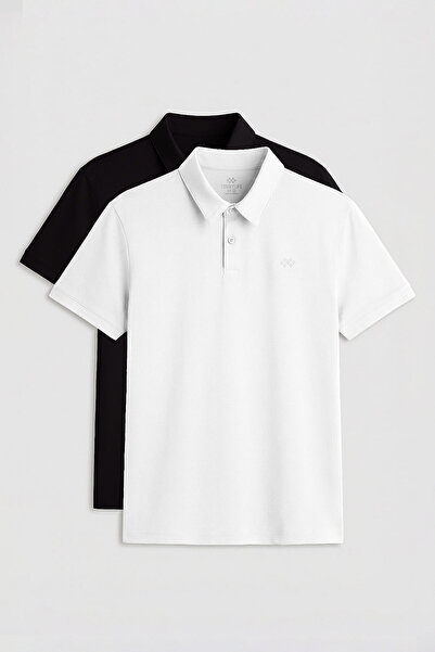 TOMMY LIFE Ανδρικό μπλουζάκι Standard Fit Basic Polo Collar 2 Pack Μαύρο-Λευκ...