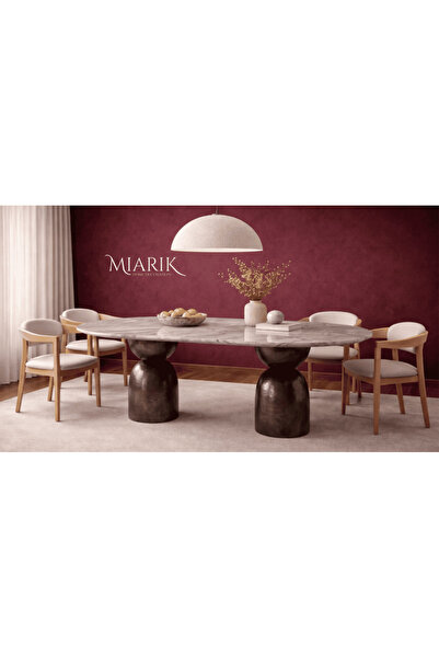 MIARIK DESIGN & DEKORASYON Bonjugo Ahsap Ayaklı Traverten Mermer Yemek Masası