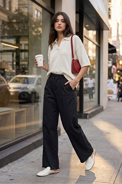 macharel jeans Gabardine Cotton Black Trousers with Snap Closure Pockets