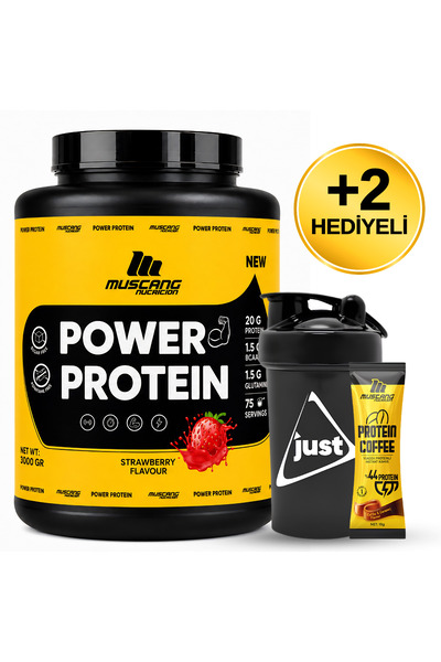 Mustang Nutrition مسحوق بروتين باور 3000 جرام 75 حصة فراولة + شيكر + قهوة برو...