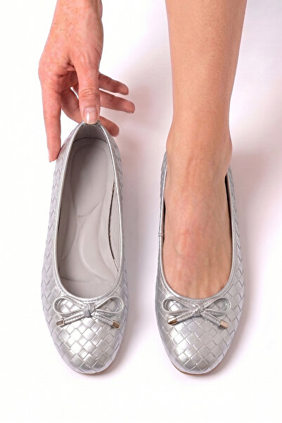 MİNNACE Silver Leather Braided Mustache Bow Round Toe Orthopedic Closed Balle...