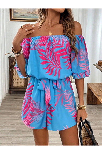 Butik Women's open shoulder, madonna collar, belted waist, patterned short su...