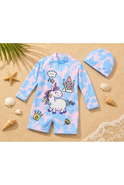 Lolliboomkids Girl's cute mythical horse print swimsuit set - long sleeve hip...