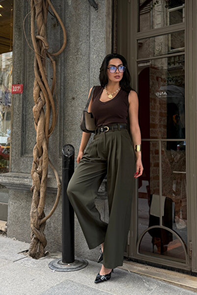 Ortaya Çık Khaki Three-Pleated Belted High-Waisted Palazzo Trousers