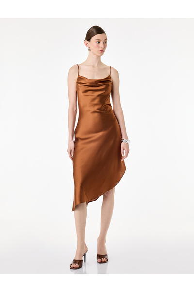 Koton Asymmetrical Cut Degaje Collar Strap Midi Satin Dress