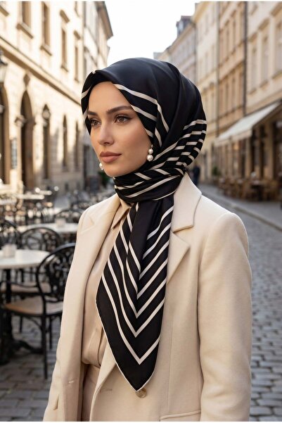 Vissona %100 Twill İpek Çizgili Desenli Siyah - Krem Renkli 90x90 Eşarp Dikim...