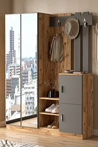 L'occi Concept Wood Aynalı Askılı Kapaklı Vestiyer Portmanto Ayakkabılık Çam-...