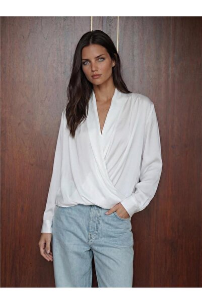 WeShaya White Satin Stretch Fabric Double Breasted Collar Draped Long Sleeve ...