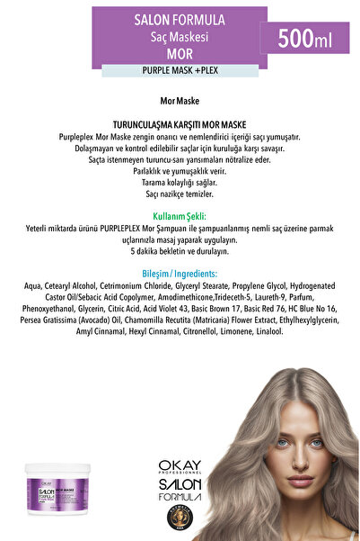 OKAYPROFESSIONNEL Salon Formula Turuncu - Sarı Yansımaları Nötralize İçin 2'li PURPLE (MOR) Saç Maskesi (500ml x 2 adet)