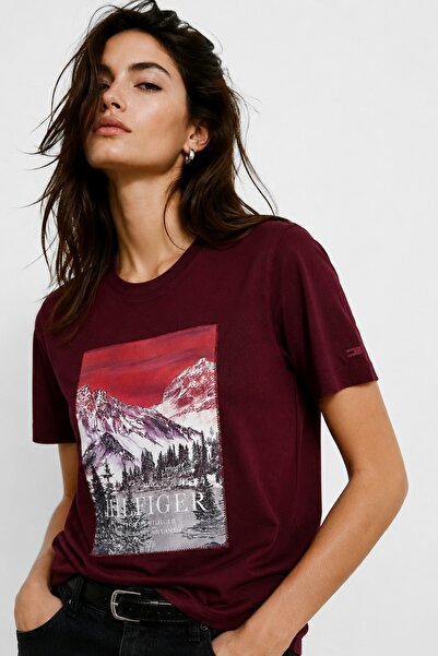 Tommy Hilfiger Kadın Kırmızı T-Shirt icon Regular C-Nk Mixed Tee Ss WW0WW31425