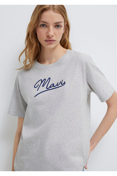 Mavi Gesticktes graues T-Shirt mit normaler Passform 1612421 -87033