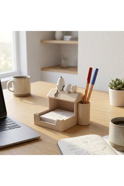 perim3d Snoopy Note Holder Stand - Desktop Note Paper Holder with Pen Holder in Hut Design - Light Brown