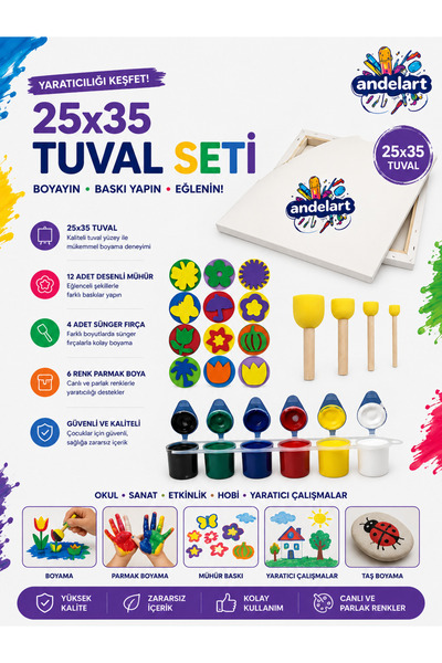 andelart Çocuklar Için 25x35 Tuval + Parmak Boyası Seti ( Pon Pon Fırça Lı , ...