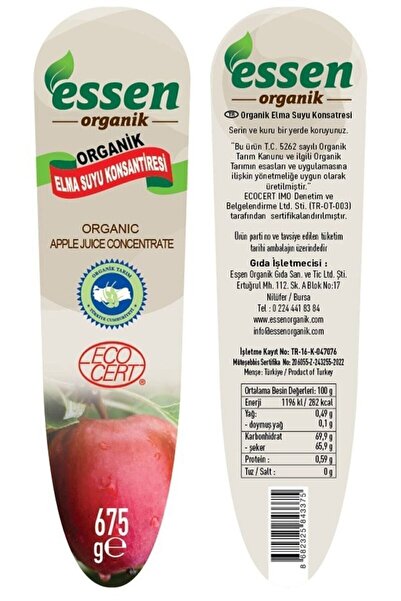 Essen Organik Organik Elma Suyu Konsantresi 675 Gr (cam Şişe, Ecocert Sertifikalı)