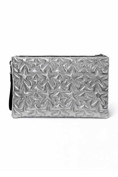 Ecrou Star Patterned Soft Silver Shiny Portfolio & Clutch Bag with Removable ...