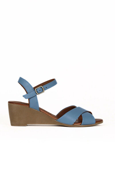 Bueno Shoes Sandale cu toc cu pană pentru femei din piele albastră 01we4003