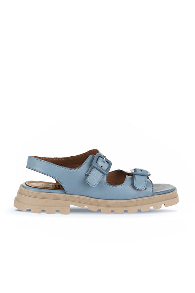 Bueno Shoes Μπλε δερμάτινα γυναικεία φλατ σανδάλια 01wy5505