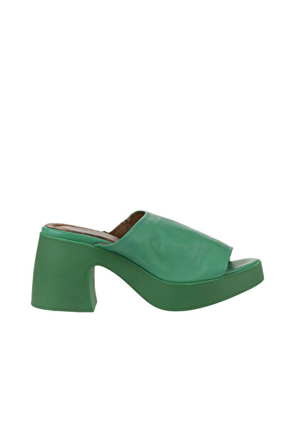 Bueno Shoes Πράσινες Σκούρες Δερμάτινες Γυναικείες Παντόφλες με Τακούνι 01wy1...