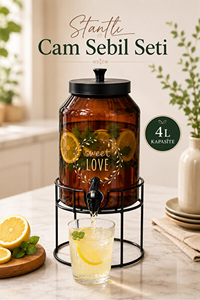 naturelove Metal Stantlı Amber Cam Sebil - Musluklu Damacana Şerbetlik Ayaklı...