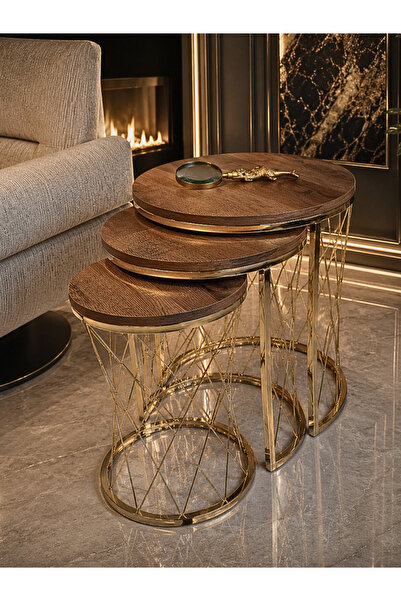 SEDAŞ LIVING UNITS Hasır Telli Koyu Ceviz Gold Metal Ayak Zigon Sehpa