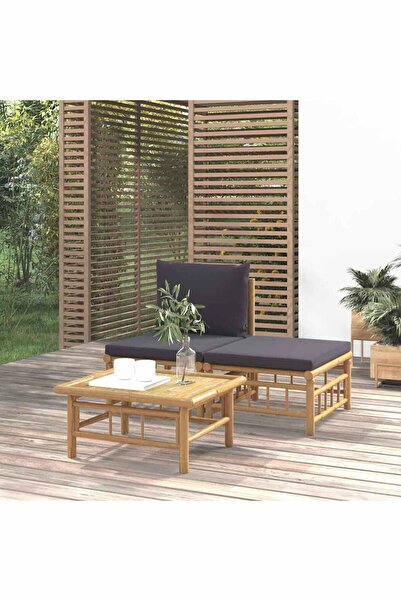 Concept Set mobilier de grădină, perne gri închis, 3 piese, bambus