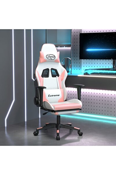 Concept Scaun de gaming cu suport picioare, alb/roz, piele ecologică