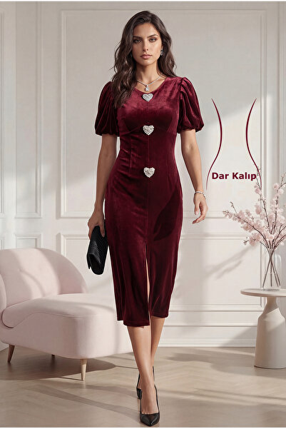 Aysan Moda Kadın Kalp Taş Detaylı Yırtmaçlı Kadife Abiye Elbise