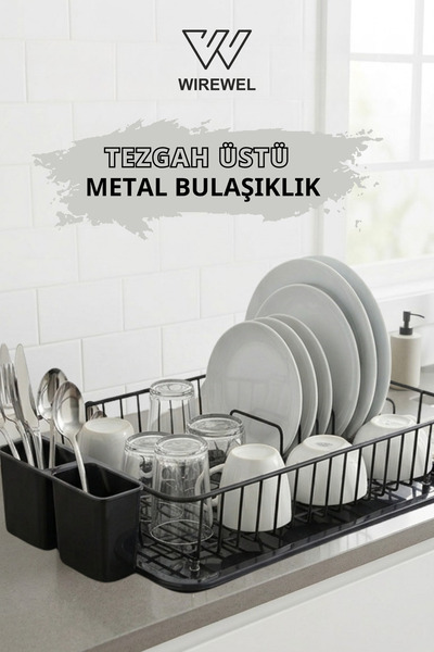 Magic Objects Tepsili Kaşıklıklı Metal Tezgah Üstü Bulaşıklık, Tek Katlı Bula...