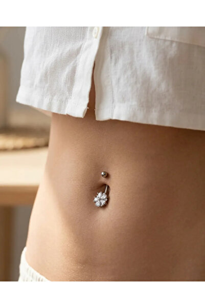 Siya Silver Zirkon Taşlı Çelik Lotus Göbek Piercingi - 2,7 cm