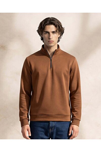 REDTAG Men Orange Half Zip Sweatshirt with Chest Logo