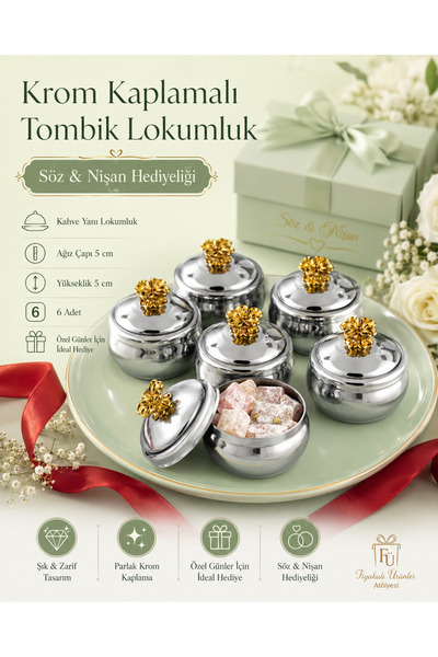 Fiyakalı Ürünler Atölyesi 6'lı Gümüş Çiçekli Tombik Lokumluk, Çay ve Kahve Ya...