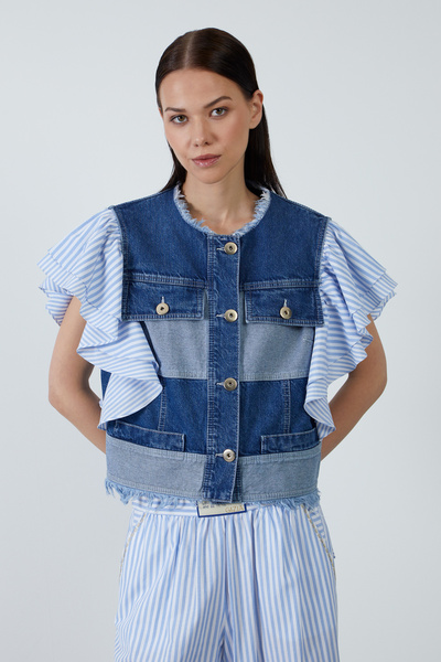 GİZİA Çizgili Kol Detaylı Denim Yelek