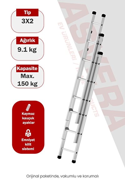 ASVERA Endüstriyel 6 Metre 3 Parçalı Alüminyum Merdiven - 1.4 mm Sürgülü Prof...